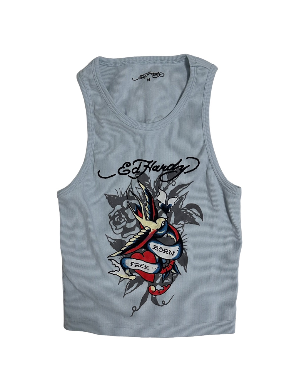 Ed Hardy Light Blue Ribbed Tank with Red, Navy and Black Tattoo Heart Graphic